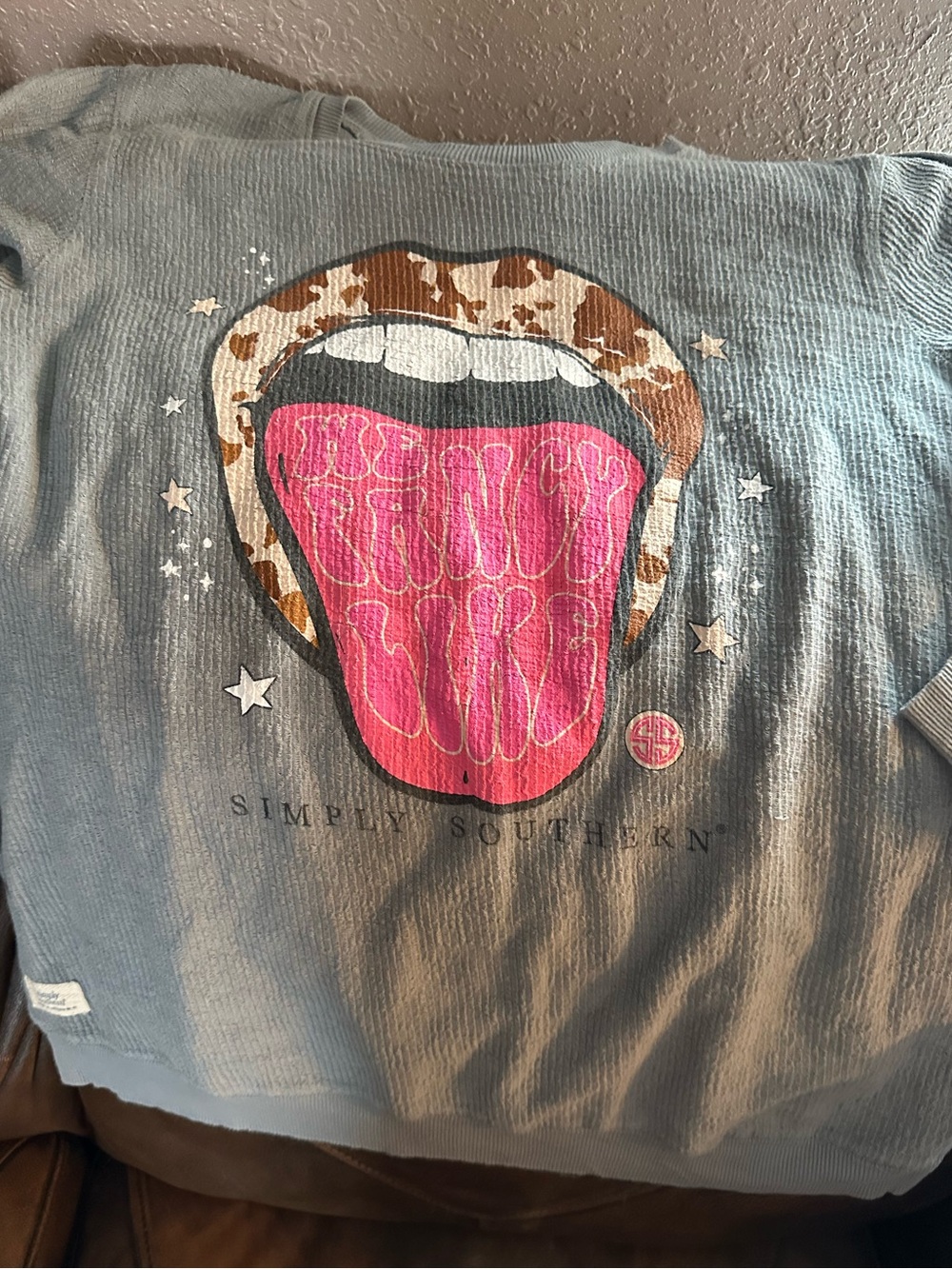 Simply Southern Blue-Gray Long-Sleeve Top with Pink Tongue and Camo Trim